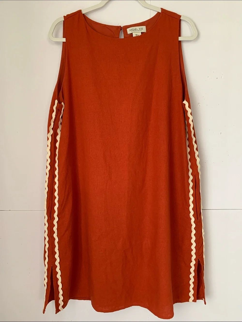 Rachel Zoe Rust Orange Sleeveless Linen Blend Shift Dress with White Trim Size L